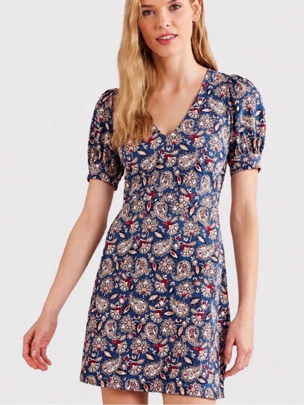 Boden Blue Paisley Jersey V-Neck Puff Sleeve Dress US 16 / 18R